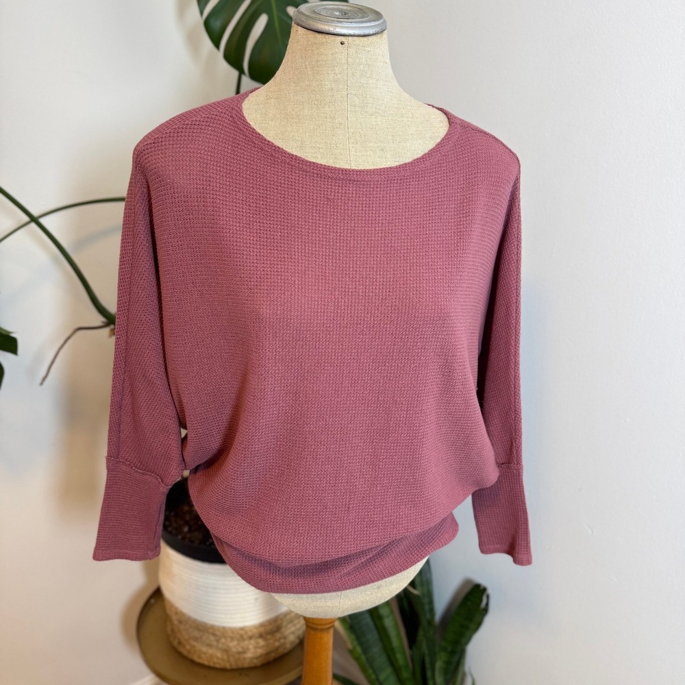 Fantastic Fawn Waffle Knit Top Womens S Mauve Dolman Sleeve Relaxed Boho KT2228